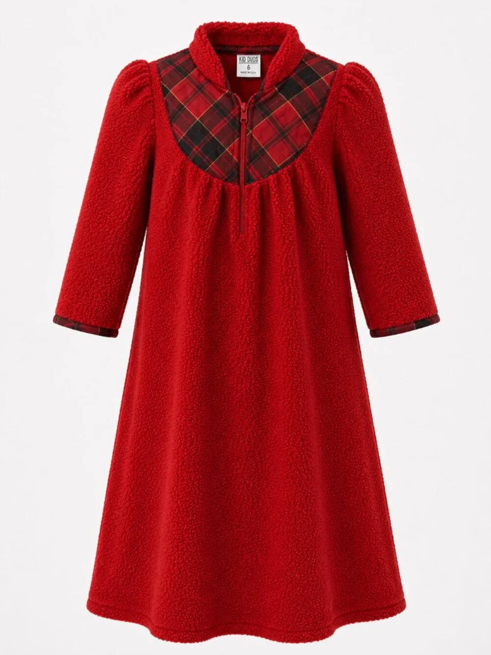 Vintage Kid Duds Girls Red Fleece Plaid Collar Full Length Nightgown Sz 6